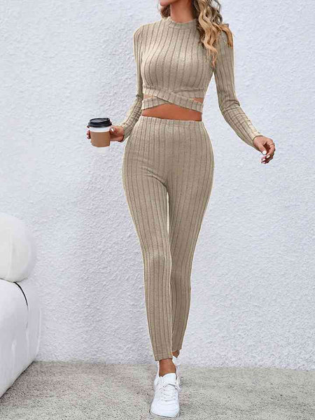 Crisscross Ribbed Knit Top and Leggings Set