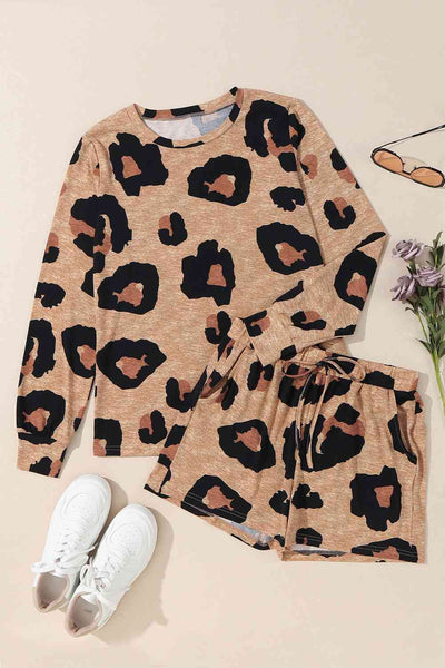 Big Print Leopard Long Sleeve Top and Shorts Set