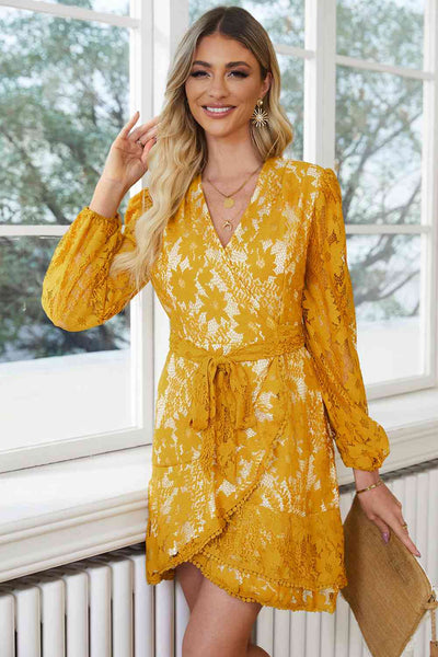 Pompom Trim Long Sleeve Floral Lace Dress+