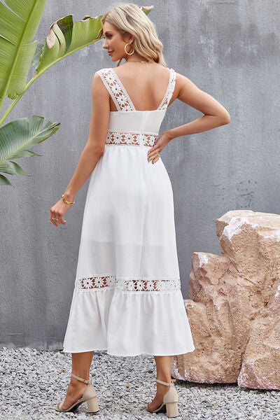 White Flower Wide Strap Midi Dress