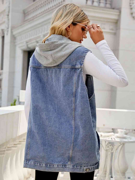 Drawstring Hooded Sleeveless Long Denim Vest