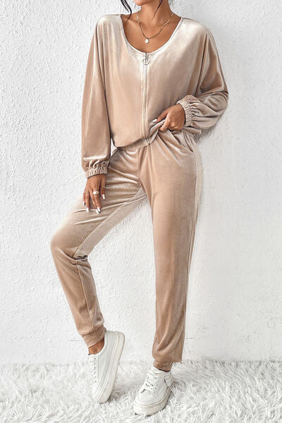 Champagne Velour Zip Up Top and Pants Set