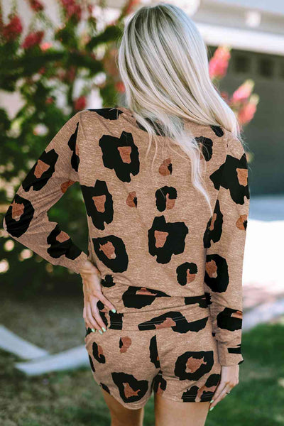 Big Print Leopard Long Sleeve Top and Shorts Set