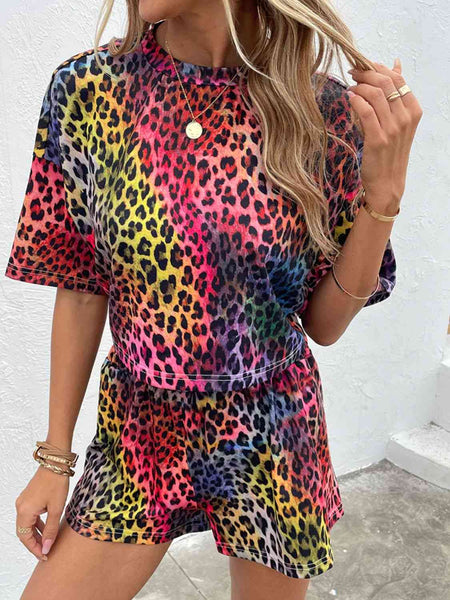 Bright Leopard Half Sleeve Top and Shorts Set