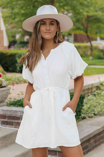 White Short Sleeve Mini Dress with Pockets