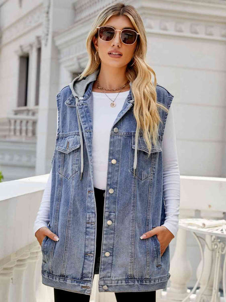 Drawstring Hooded Sleeveless Long Denim Vest