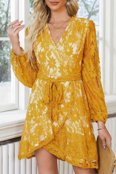 Pompom Trim Long Sleeve Floral Lace Dress+