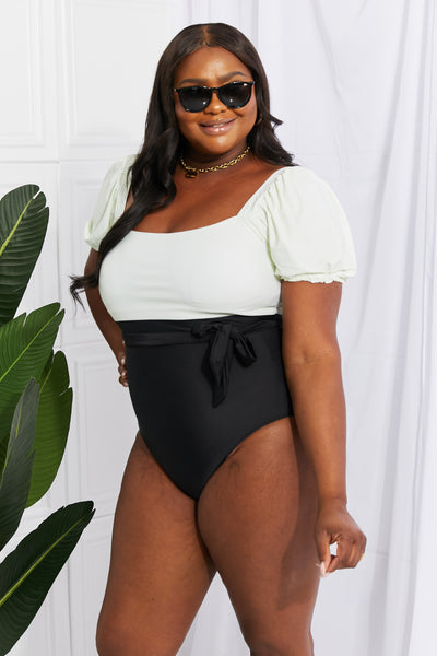 Black & White Puff Sleeve One-Piece Swimsuit