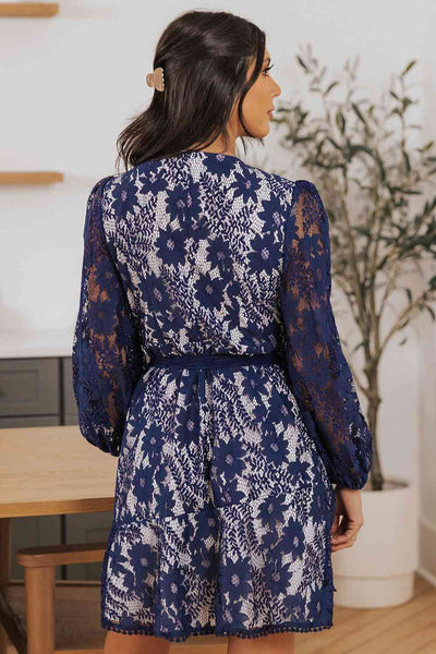 Pompom Trim Long Sleeve Floral Lace Dress+