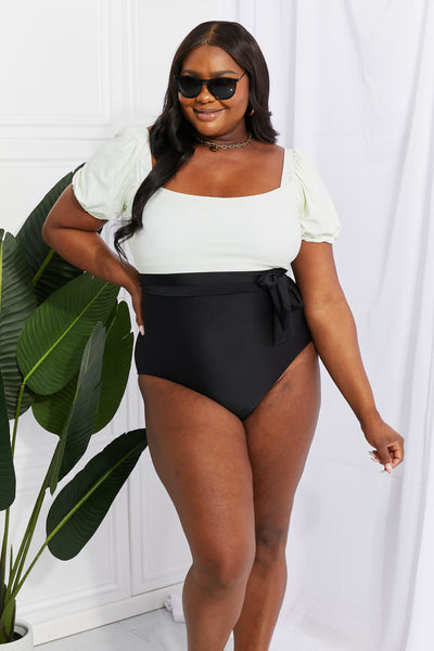 Black & White Puff Sleeve One-Piece Swimsuit