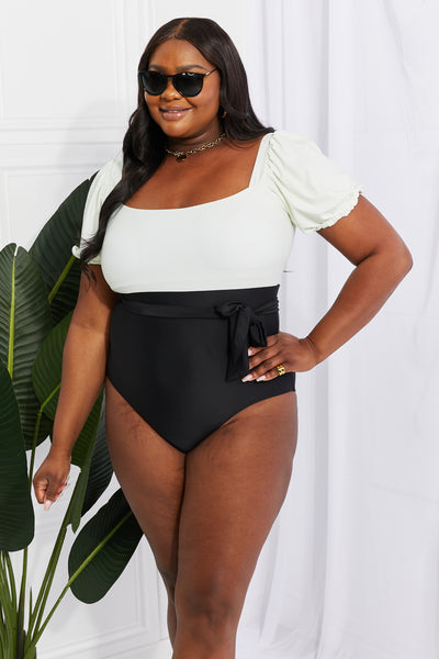 Black & White Puff Sleeve One-Piece Swimsuit