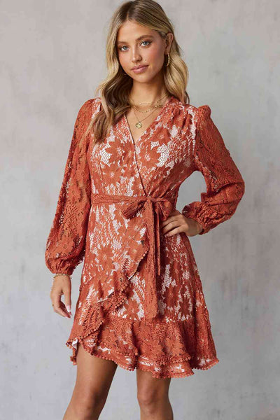 Pompom Trim Long Sleeve Floral Lace Dress+