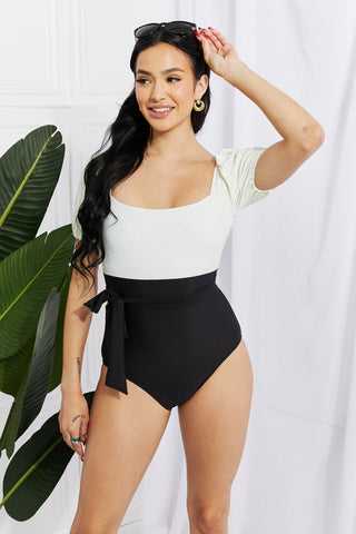 Black & White Puff Sleeve One-Piece Swimsuit