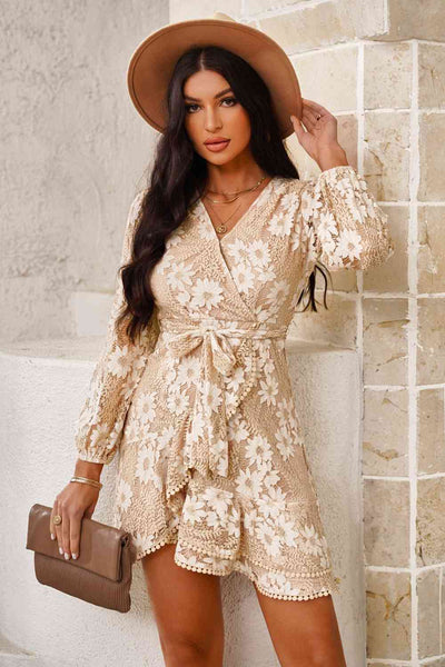 Pompom Trim Long Sleeve Floral Lace Dress+