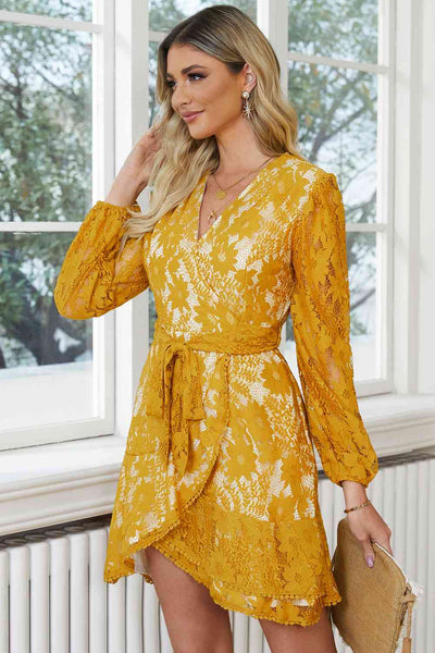 Pompom Trim Long Sleeve Floral Lace Dress+