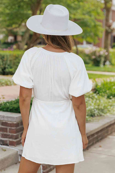 White Short Sleeve Mini Dress with Pockets