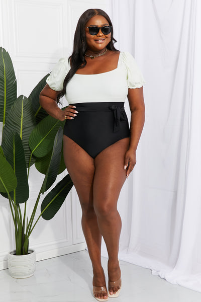 Black & White Puff Sleeve One-Piece Swimsuit