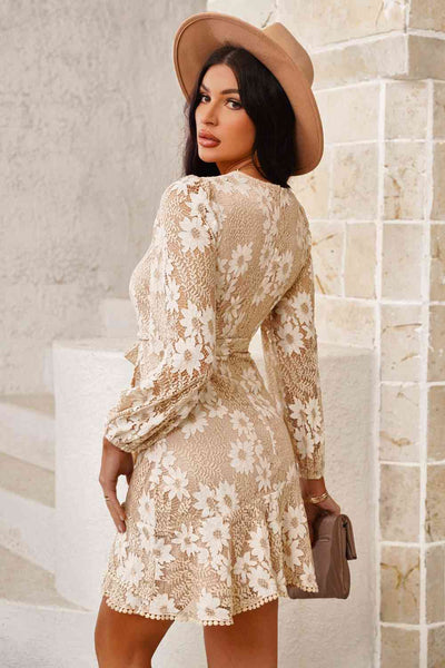 Pompom Trim Long Sleeve Floral Lace Dress+