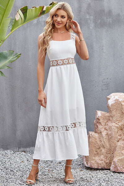 White Flower Wide Strap Midi Dress