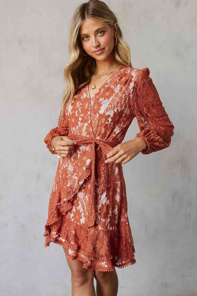 Pompom Trim Long Sleeve Floral Lace Dress+